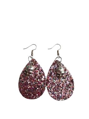 (4)Pink Glitter Teardrop Earrings with Silver Skull Accent